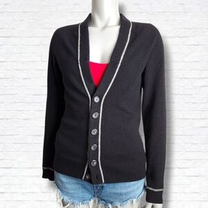 White + Warren Black Varsity White Trim Cashmere V Neck Cardigan Size S